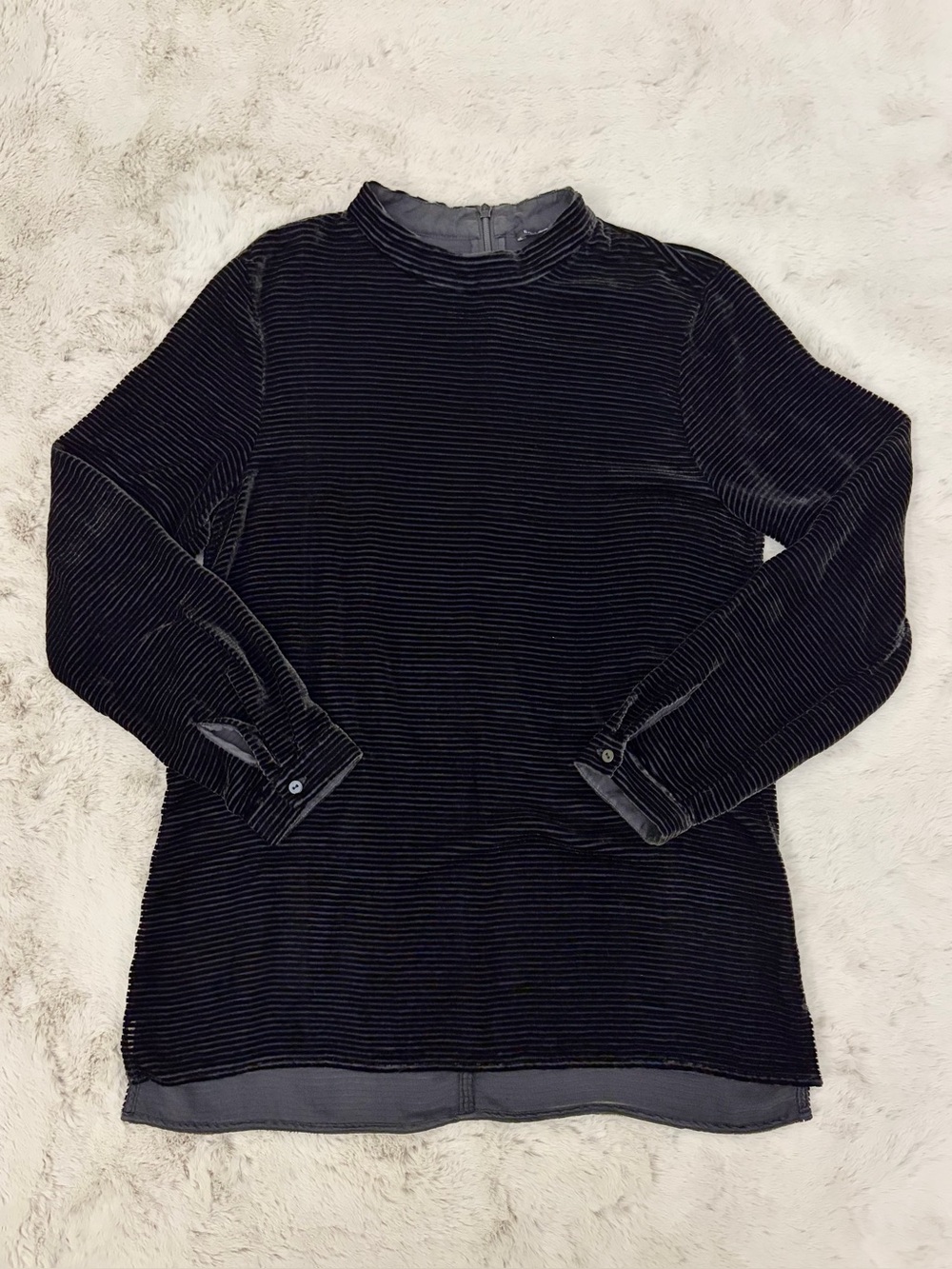 Eileen Fisher Black Velvet Burnout Stripe Silk Blend Mock Neck Top Size P Petite